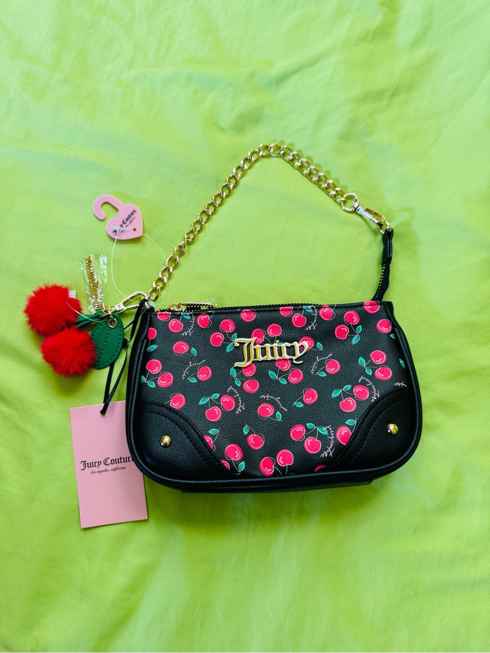 Juicy Couture Black Cherry Print Bag with Gold Chain